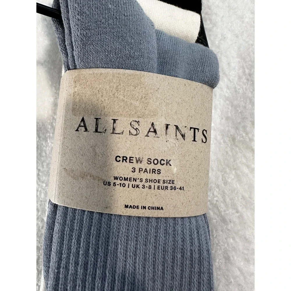 AllSaints Crew Sock 3 Pairs Womens Blue White Black Logo Ribbed Knit 5-10 NEW